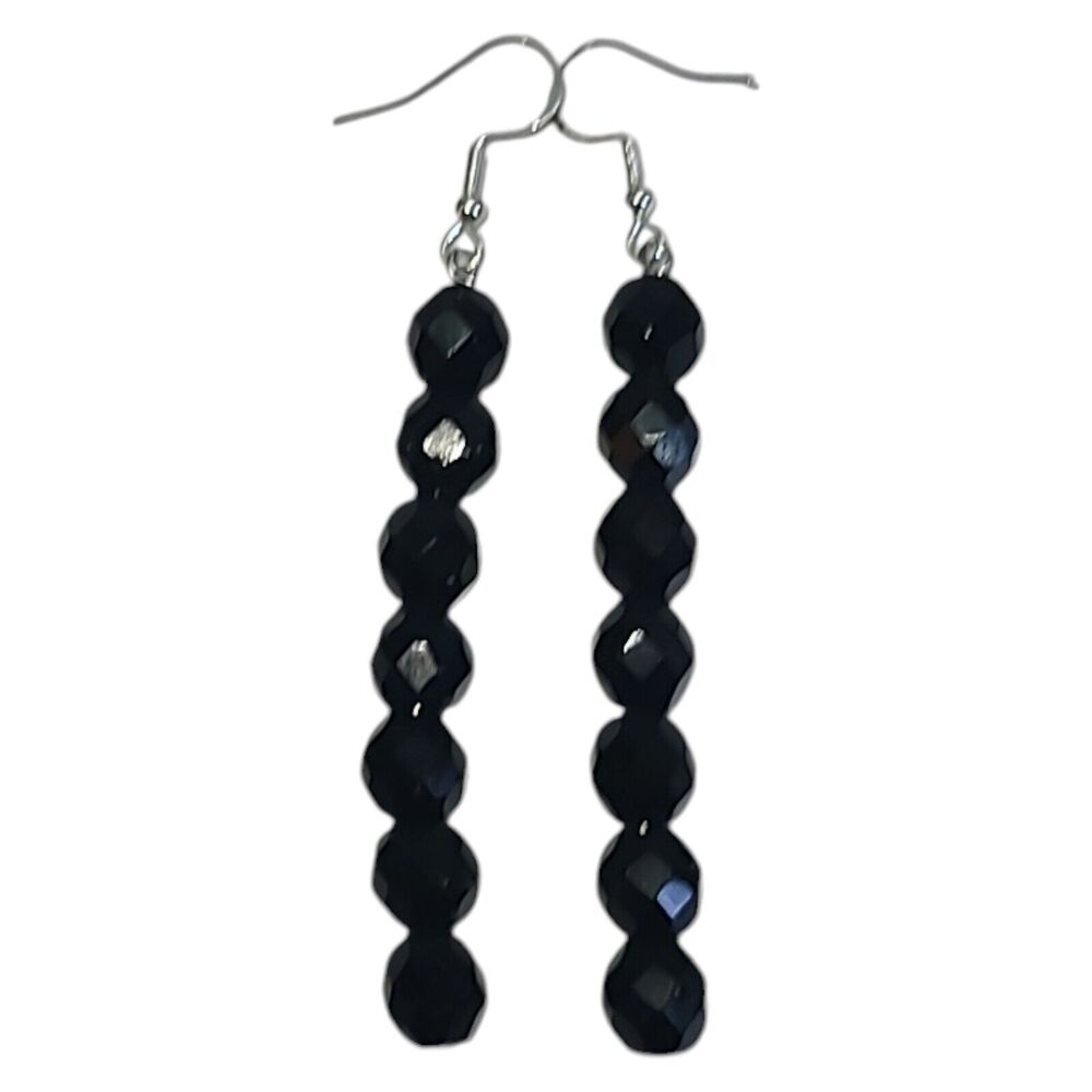 Handmade Sterling Silver 925‎ Black Crystal Bead Dangle Earrings